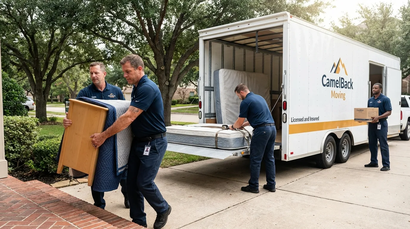 Crew loading residential truck for cross-state move from Sullivan City, TX