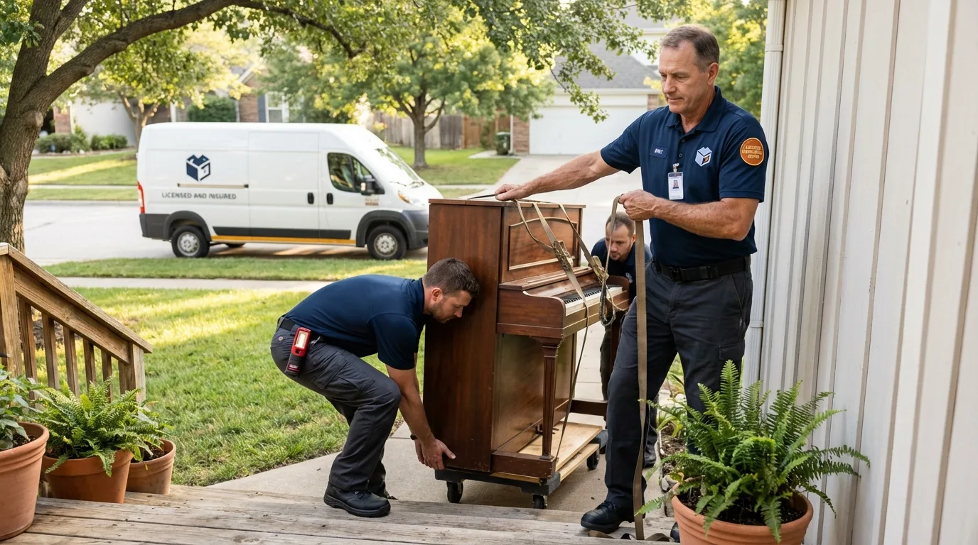 Licensed piano movers securing grand piano in Sullivan City, TX