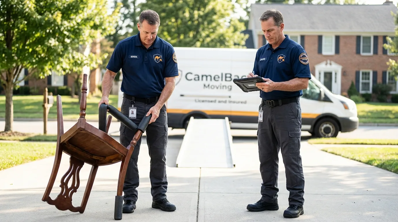 Movers inspecting furniture for damage prevention before loading in Sullivan City, TX
