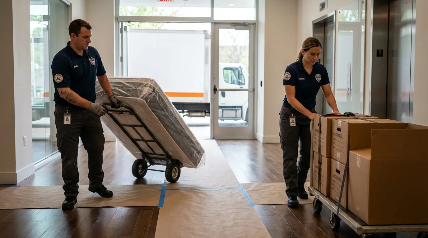 Professional apartment movers loading elevator in Sullivan City, TX