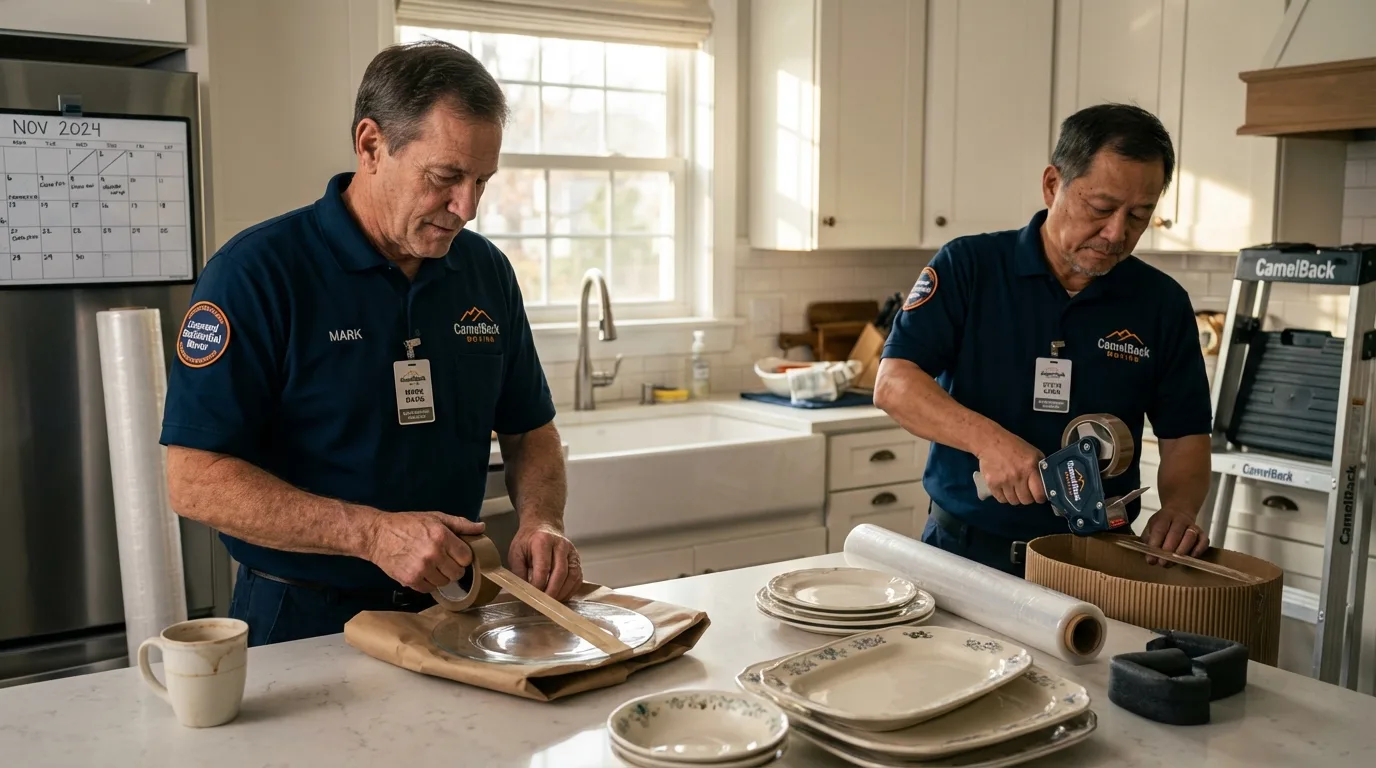 Professional crew packing kitchen dishware in Sullivan City, TX